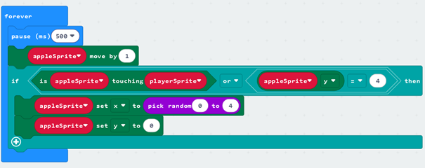 Aangepaste code van het appel spel met gebruik van het is touching-blok